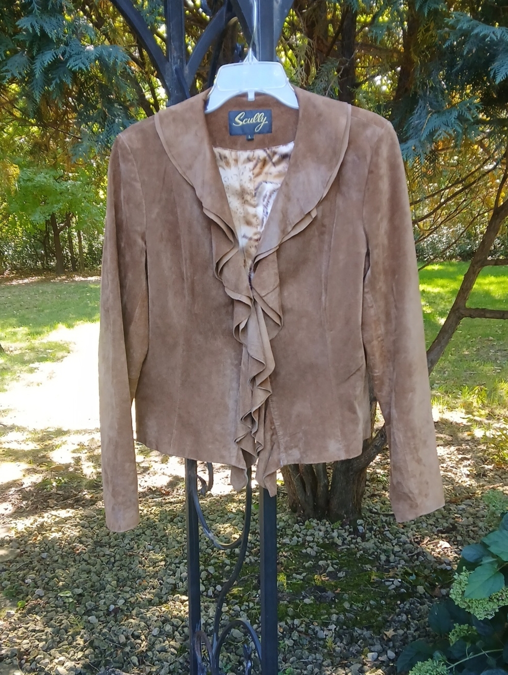 Scully brown suede jacket prominent ruffle trim Sz L